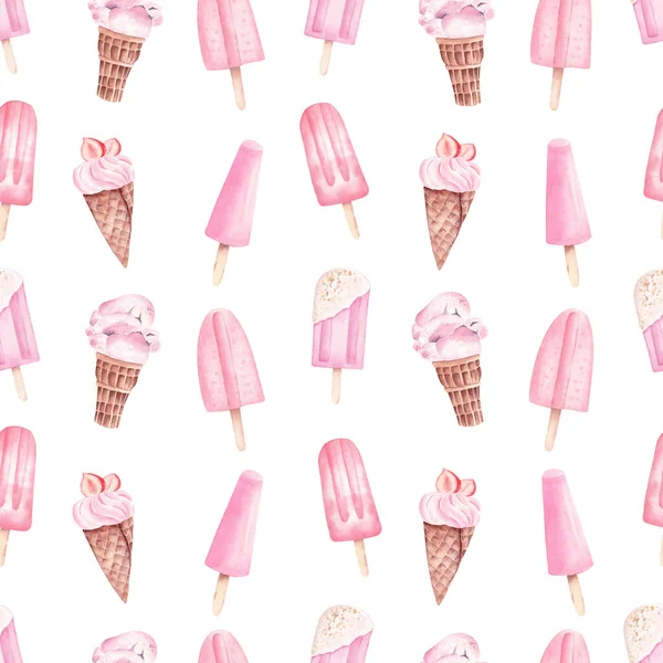 Літнє рожеве морозиво прикрашає цифровий папір. Акварель безшовний візерунок літня ілюстрація . — стокове фото
