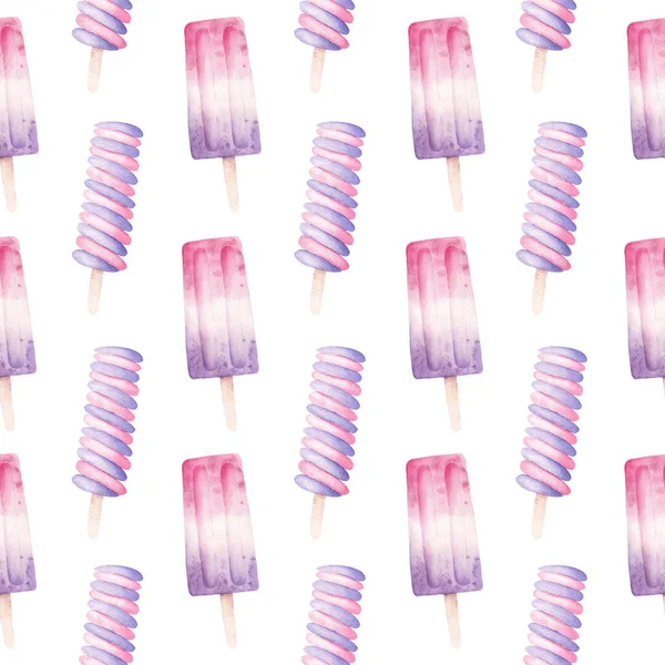 Papel digital Popsicles. Padrão sem costura fundo de verão. Ilustração de comida de sorvete desenhada à mão aquarela . — Fotografia de Stock