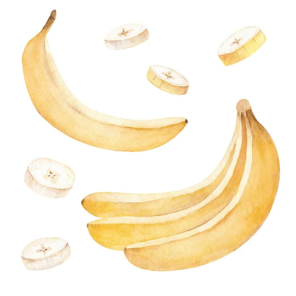 Bananowy kliparty akwarelowy. Żółte owoce tropikalne. Ilustracja żywności izolowane na białym tle. — Zdjęcie stockowe