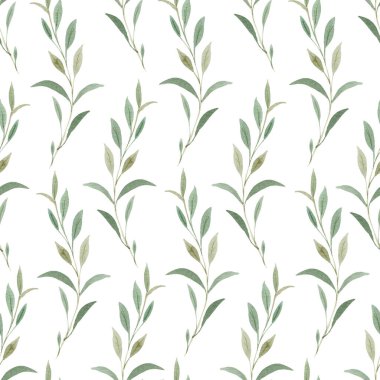 Yeşillik suluboya kusursuz desen. Yeşil yapraklar ve dallar dijital kağıt.