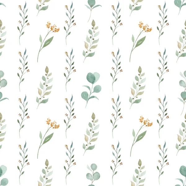 Watercolor greenery and eucalyptus branches seamless pattern.