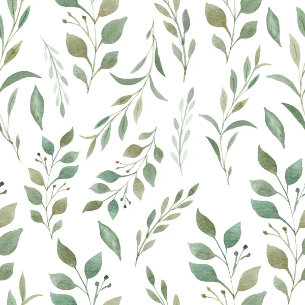 Zielony wzór bez szwu. Ręcznie malowane gałęzie i liście papieru cyfrowego. — Zdjęcie stockowe