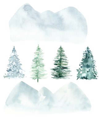 Suluboya çam ağaçları ve soyut orman dağları beyaz arka planda izole edilmiş..