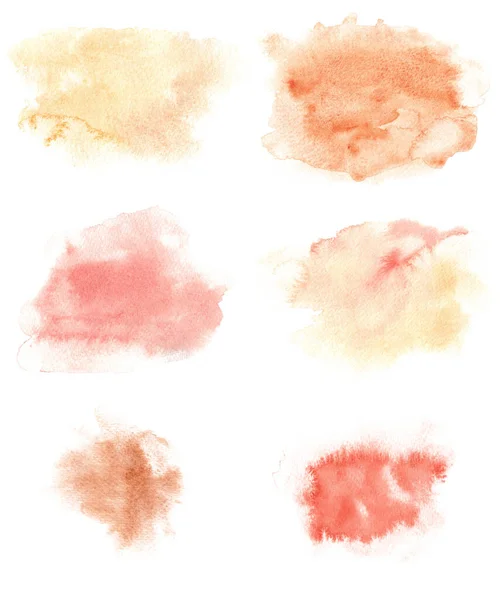 Watercolor stain splashes isolated on white. Red orange yellow brown hand painted textures. — Stock Photo, Image