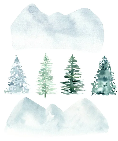 Watercolor pine trees and abstract woodland mountains isolated on white background.