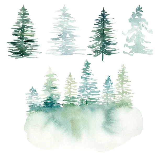 Acuarela pintada a mano paisaje de invierno con pinos en las montañas. Clipart de pino de Navidad. — Foto de Stock