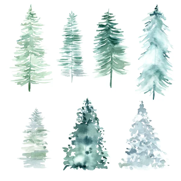 Akvarelové lesní borovice na Vánoce a šťastný nový rok. — Stock fotografie