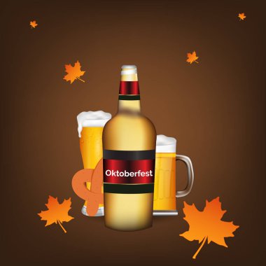 Oktoberfest poster, duvar kağıtları, afiş ve tebrik kartı vektör çizim bira cam ve şişe.