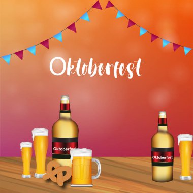 Oktoberfest poster, duvar kağıtları, afiş ve tebrik kartı vektör çizim bira cam ve şişe.