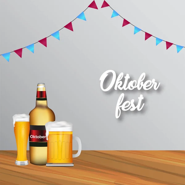 Oktoberfest Poster Behang Banner Wenskaart Vectorillustratie Met Bierglas Fles — Stockvector