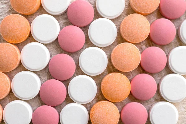 Fehér Rózsaszín Narancssárga Tabletta Csíkos Háttér Különböző Savkötők Gyógyszerek Segítségével — Stock Fotó