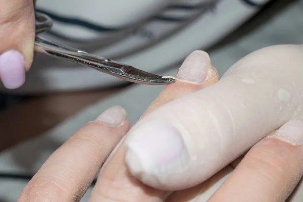 Process Manicure Close Preparation Hardware Manicure Beautician Rubber Gloves Cuts — Stock Photo, Image