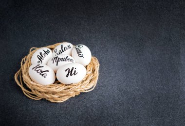 Paskalya yumurtaları El Salam, karanlık bir arka plan üzerinde dekoratif yuvadaki farklı dillerde Hola yazıt Merhaba, Merhaba, Merhaba, Ciao, yazı ile. Paşa yumurta metin kelime dekor ve kopya alanı ile.