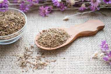 Tahta kaşık çul arka plan üzerinde Valerian kökleri kurumuş. Valeriana officinalis, Hanımeligiller bitkisel tıp. Anksiyete ve uyku için kediotu kökü. sağlığı için besin takviyesi olarak Valerian ayıklar