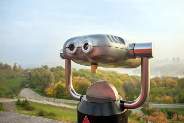 Viewing platform with Hi-Spy viewing machines (viewmaster) on the banks over the Dnieper River, Kiev, Ukraine.