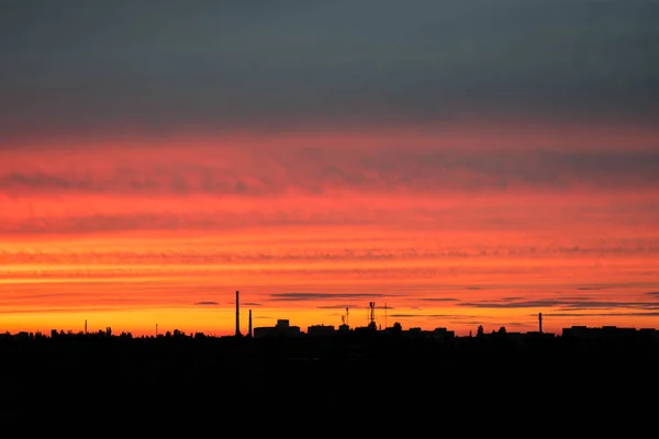 Coucher Soleil Rouge Brillant Sur Ville Paysage Industriel Ville Sur — Photo