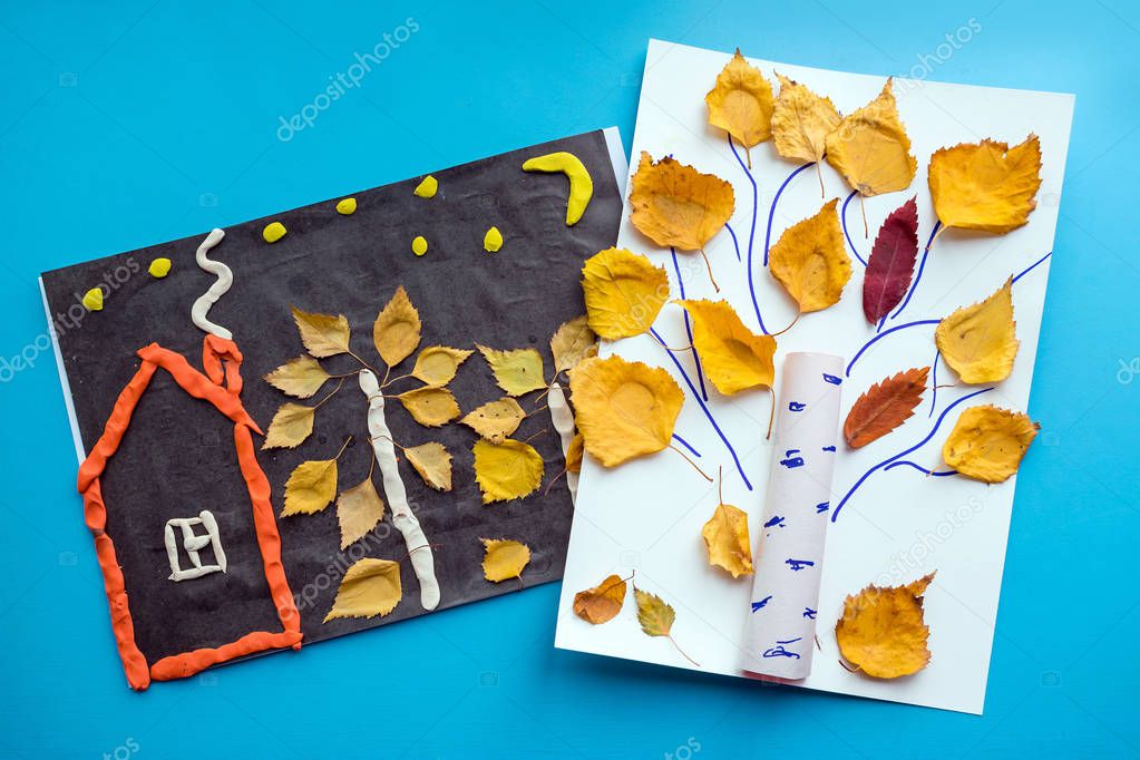 Autumn crafts. Children's fall crafts made from autumn dry yellow leaves. Ideas for children's art and drawing