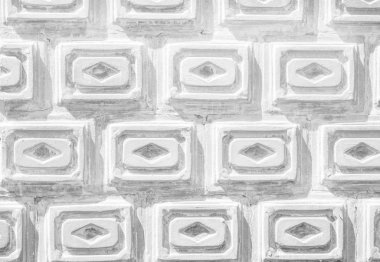 Beyaz geometrik kare doku. Kareler ve edikula ile döşenmiş duvar. Dokulu sıva arka plan
