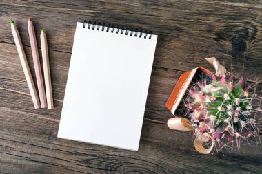 Beyaz boş not defteri, defter, ahşap renkli kalemler ve gri kumaş arka plan üzerinde ahşap masa üzerinde yay ile kahverengi tencerede yeşil kaktüs. Yenilikçi eco doğal mockup kopya alanı ile. Üstten görünüm, düz yatıyordu
