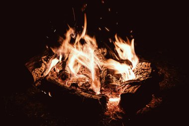 Kamp ateşi akşam. Kamp yangın gece turistik kampında. Ahşap, alev ve ateş yakma koyu arka plan üzerinde yol açtı. Barbekü açık pişirme.
