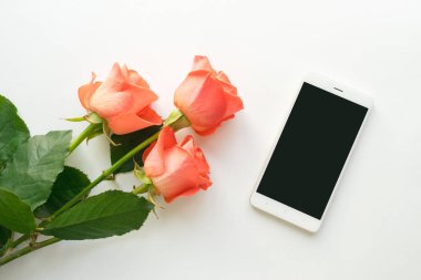 Beyaz arka plan üzerinde üstten görünüm kopya alanı ve gül ile cep telefonu. düz, alay yığmak. Kadının çalışma alanı ile telefon ve çiçekler.