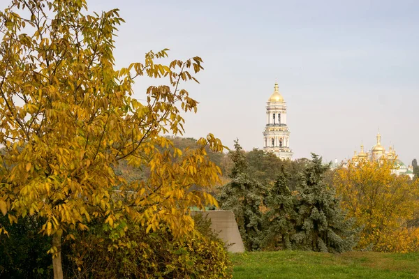 stock image Autumn landscape, view of Kiev Pechersk Lavra, Ukrainian church from Mother Motherland statue.