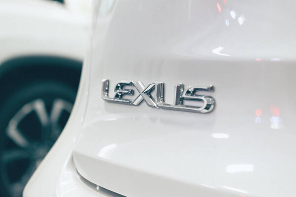  Close up Lexus metac logo closeup on the Lexus car at motor show, Automobile Salon. Lexus new luxury car, selective focus