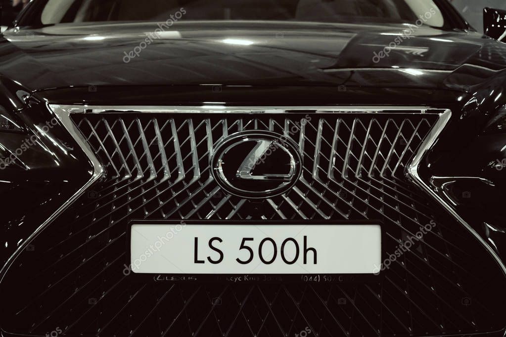 Lexus new car at motor show, Automobile Salon. Lexus LS 500h  new flagship luxury sedan, selective focus