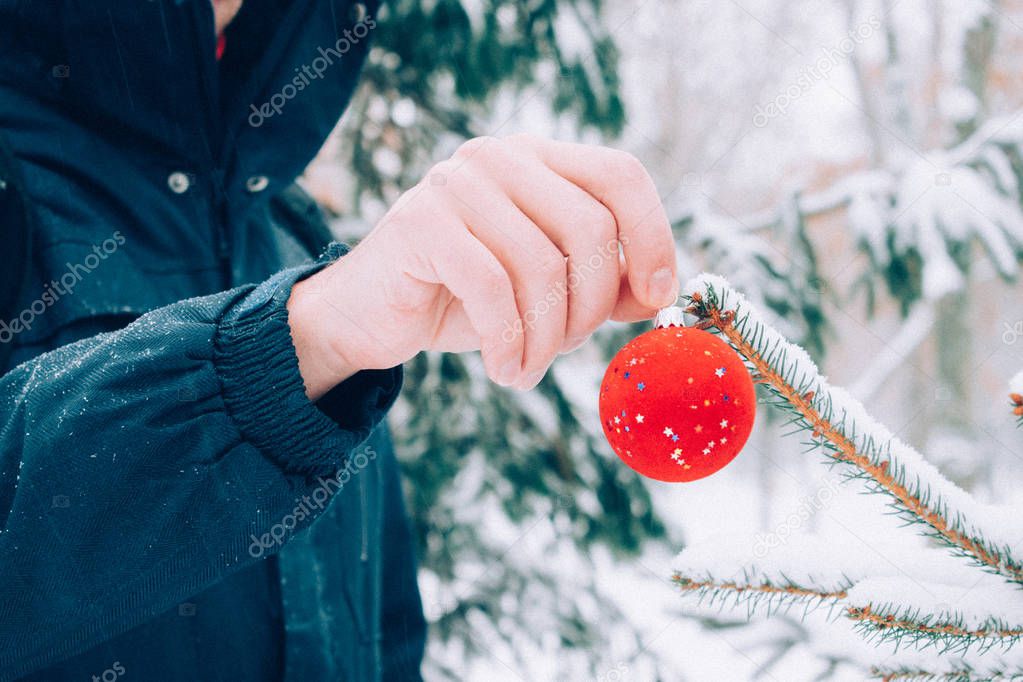 Close up man hand holding red Christmas ball in front of snow covered fir Christmas tree, outdoors.