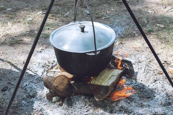 ハイキングポット、焚き火のボウラー。魚のスープは大鍋で沸騰する — ストック写真