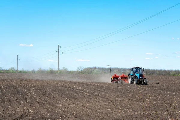 Трактор сеет кукурузу на — стоковое фото