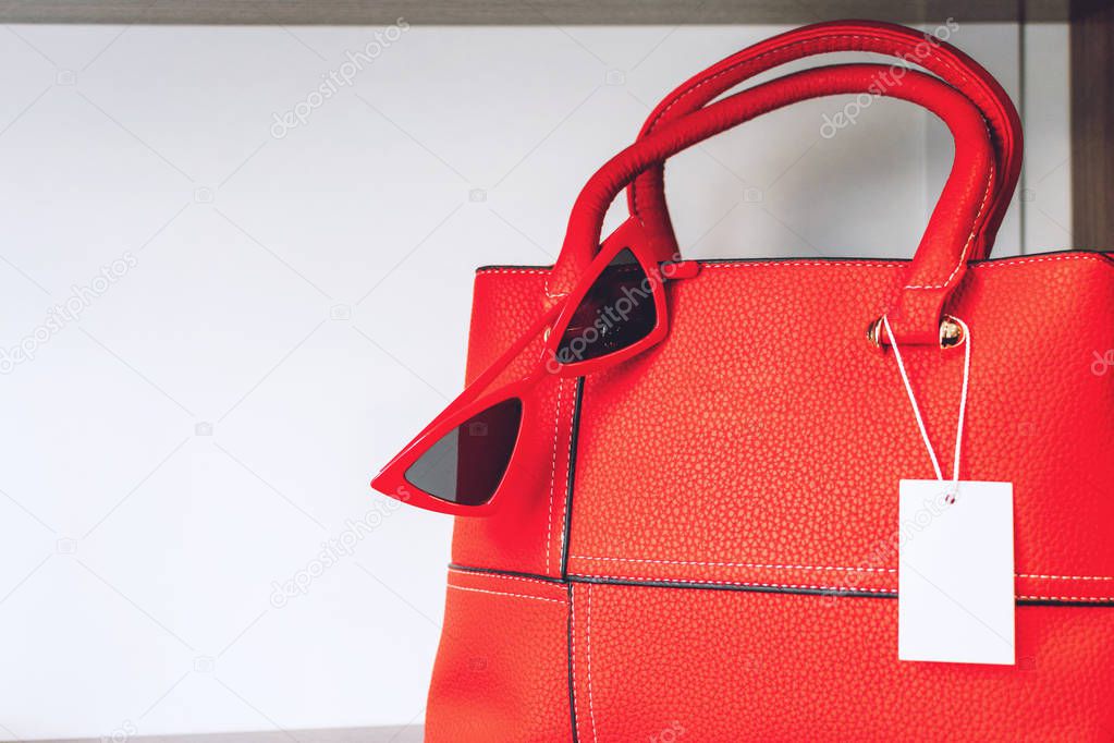 Female red fashion accessories. Red women handbag and trendy red