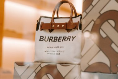 Burberry  London Store boutique display window. Signboard logo b clipart