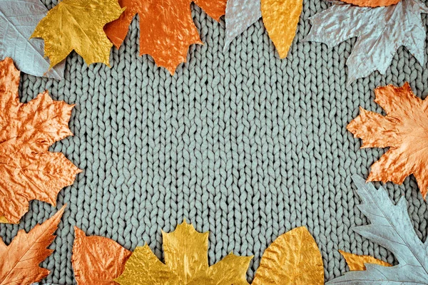 Autumn composition with golden leaves frame on knitted gray back