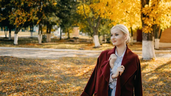 Belle Femme Blonde Avec Des Feuilles Automne Sur Fond Nature — Photo