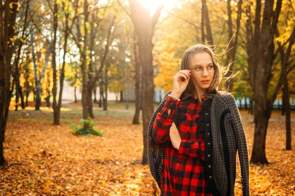 Queda Sua Vinda Olá Outono Menina Loira Bonita Fundo Outono — Fotografia de Stock