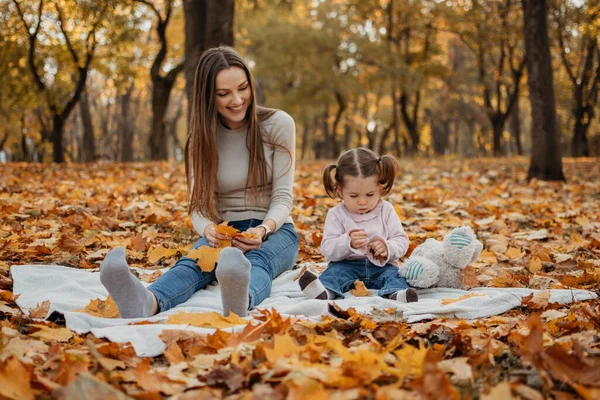 快乐的家庭妈妈和蹒跚学步的小女孩在秋天的公园里玩耍 秋天公园里的小女孩和她的妈妈 — 图库照片