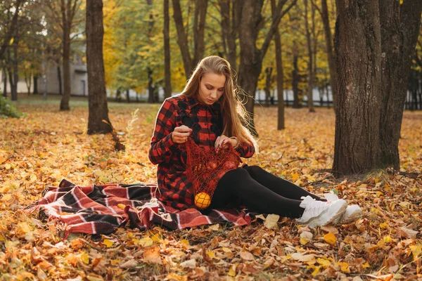 Estilo Vida Retrato Mulher Feliz Parque Outono Menina Bonita Acampamento — Fotografia de Stock