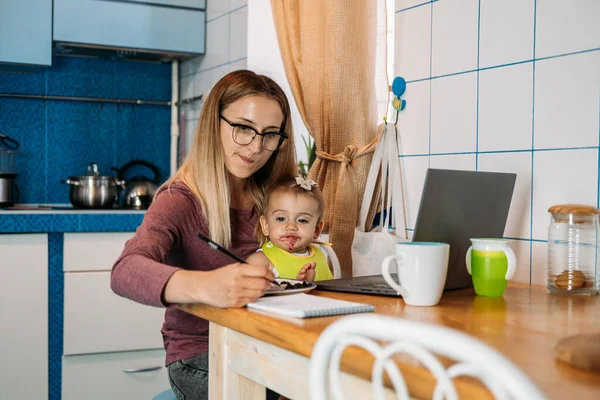 Work Home Young Mother Baby Girl Working Home Using Laptop — Stock Photo, Image