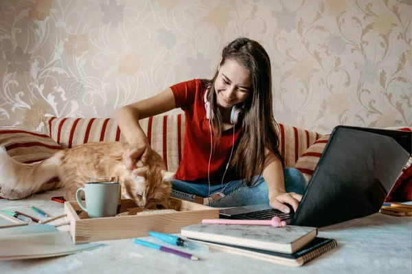 Oficina Hogar Espacio Trabajo Trabajo Desde Concepto Del Hogar Mujer — Foto de Stock