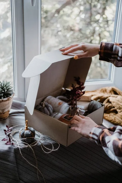 Fall Gift Zero Waste Basket Ideas, paquete de cuidado temático de otoño. Caja de regalo de la temporada de Acción de Gracias con calabazas de tela, vela de soja orgánica, cacao en polvo, malvaviscos, taza blanca en caja de cartón — Foto de Stock