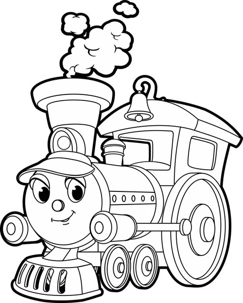 Dibujos Animados Vector Contorno Ilustración Tren Sonriente Libro Para Colorear — Vector de stock