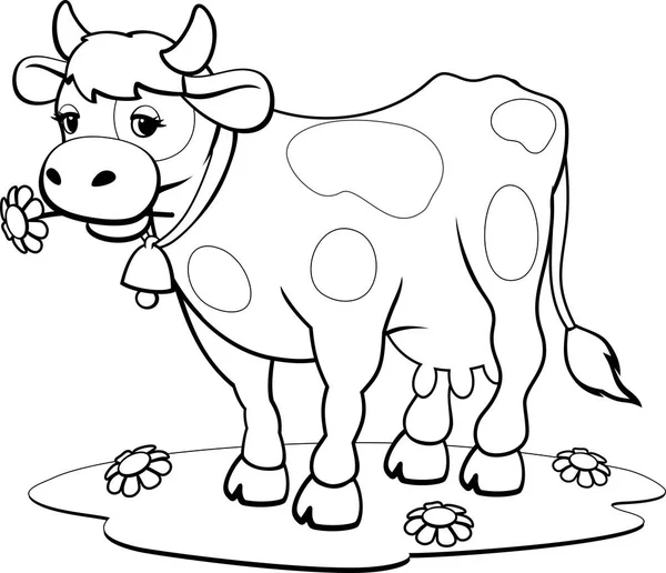牧草地で牛を着色します 黒の輪郭 — ストックベクタ