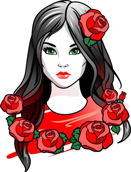 Wajah Gadis Dengan Mawar Rambutnya - Stok Vektor