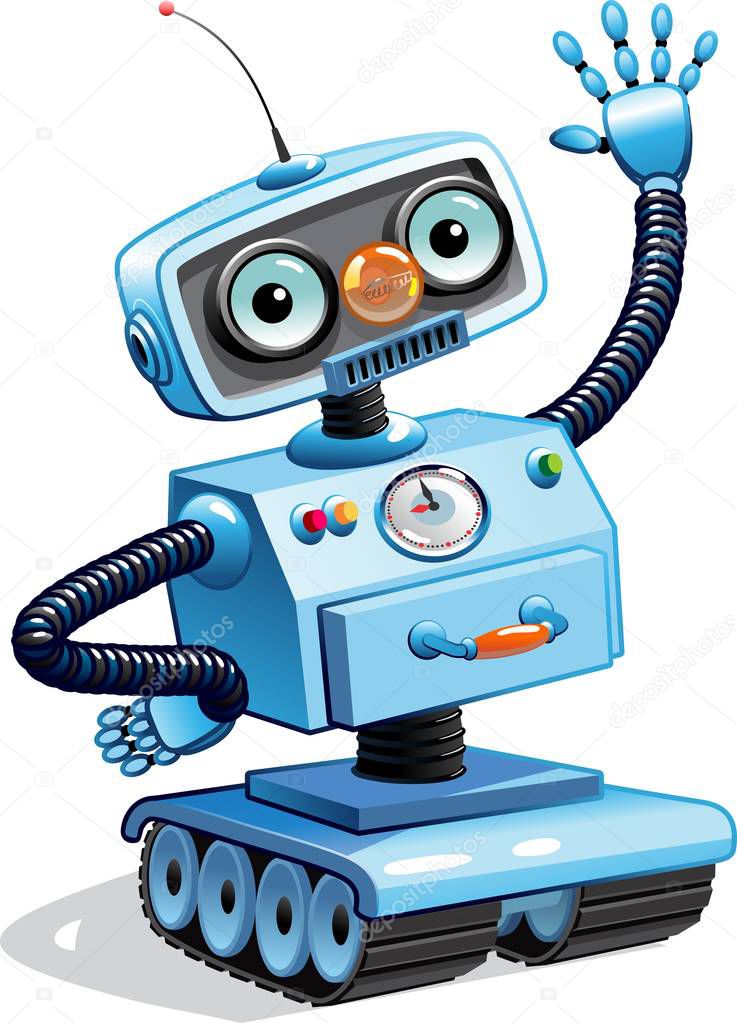 Cartoon robot waving his hand. Isolated on white