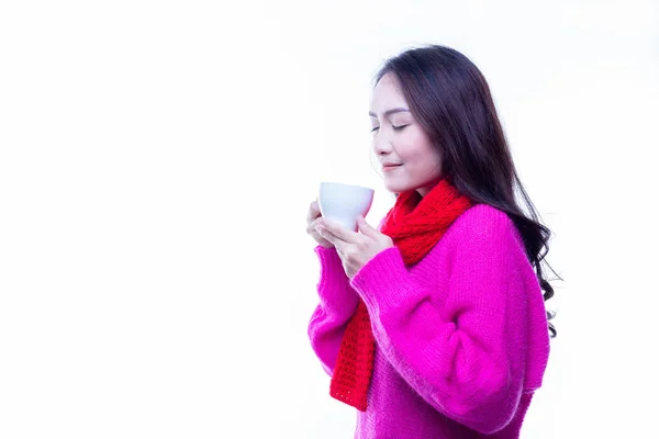 Charming Beautiful Woman Drinks Hot Coffee Tea Winter Season Attractive — Stock Photo, Image