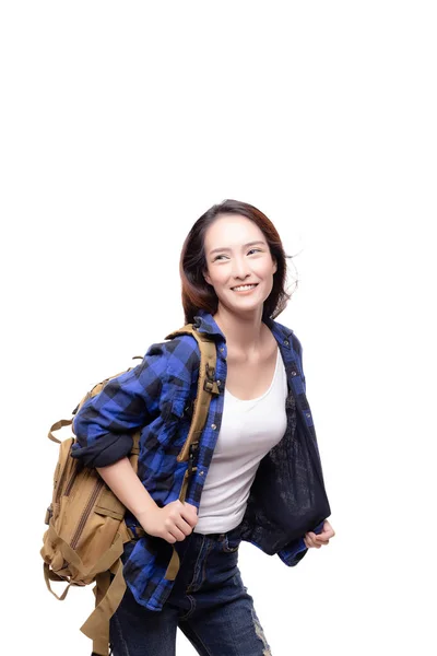 Portrait charming beautiful traveler woman. Attractive beautiful backpacker feels happy when cool girl travel foreign country or destination with smiley face. She wear jeans isolated white background