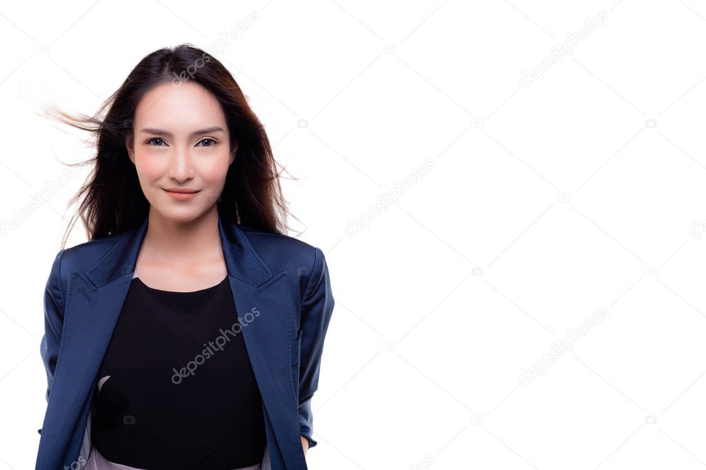 Portrait confident beautiful woman. Charming beautiful businesswoman look confident, determined. Attractive beautiful woman gets successful of business when she was young. Isolated on white background