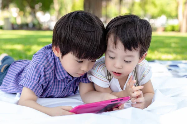 Big brother and younger brother are watching cartoons on tablet at park. Cute young boys are brotherhood. Lovely children always playing together. Older brother finding movie for his little brother