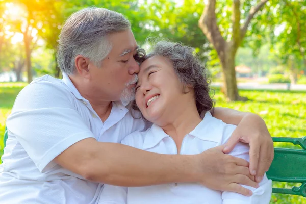 肖像画のロマンチックな古いカップル 魅力的なハンサムな古い夫を受け入れ 愛をこめて古い奥さんにキスします 祖父と祖母は長い時間のためお互いを愛しています 彼らは ロマンチックなカップル — ストック写真